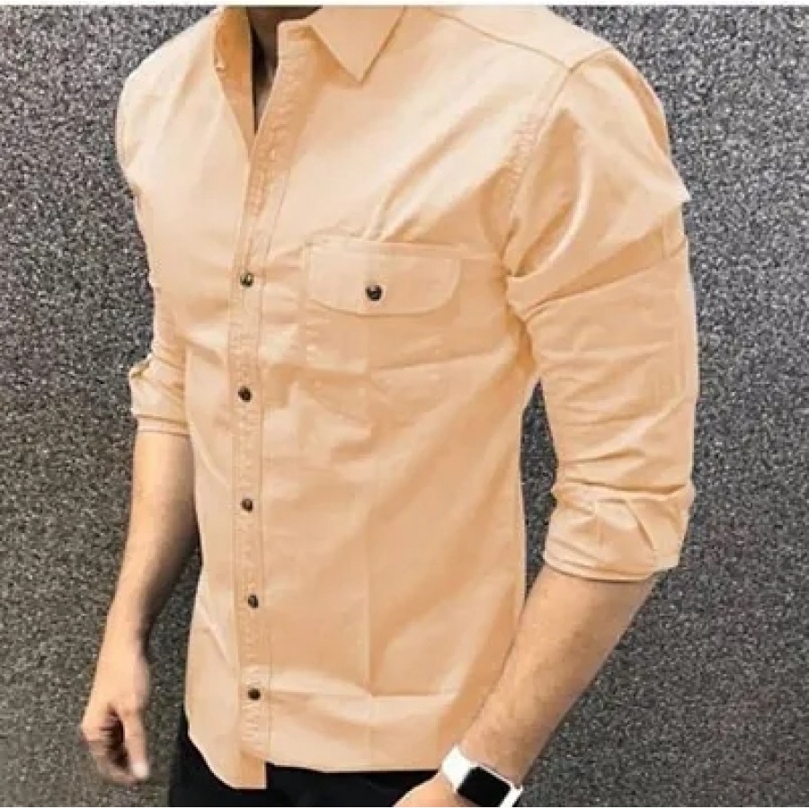 Peach Cotton Solid Casual Shirts For Men