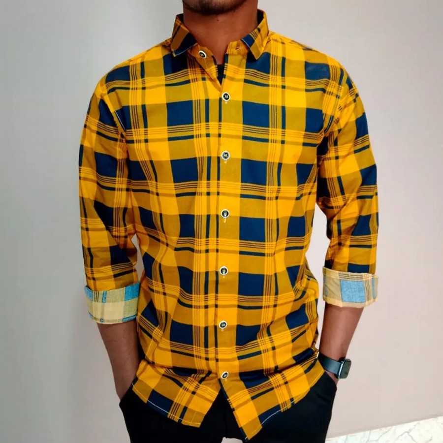 Peter Europe Yellow Cotton Check Shirt For Men