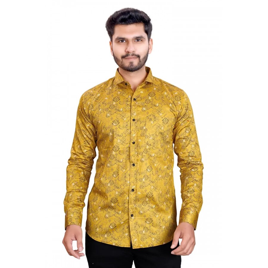 Phesgo Men's Printed Cotton Collared Neck Long Sleeve Ethnic Wear Shirt (NE_42117-Mustard-X-Large)