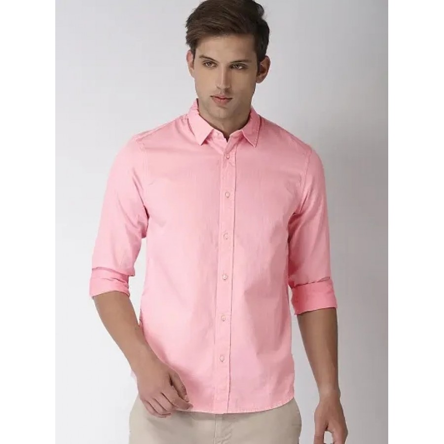 Pink Cotton Solid Casual Shirts For Men