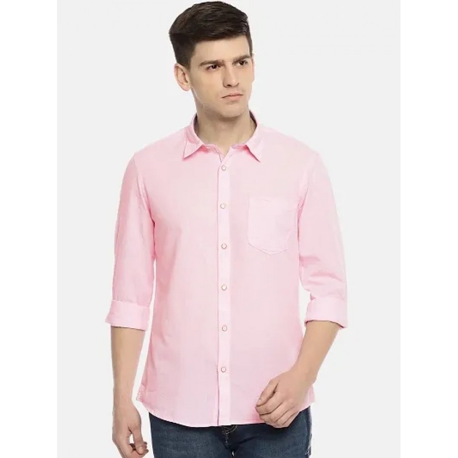 Pink Cotton Solid Casual Shirts For Men