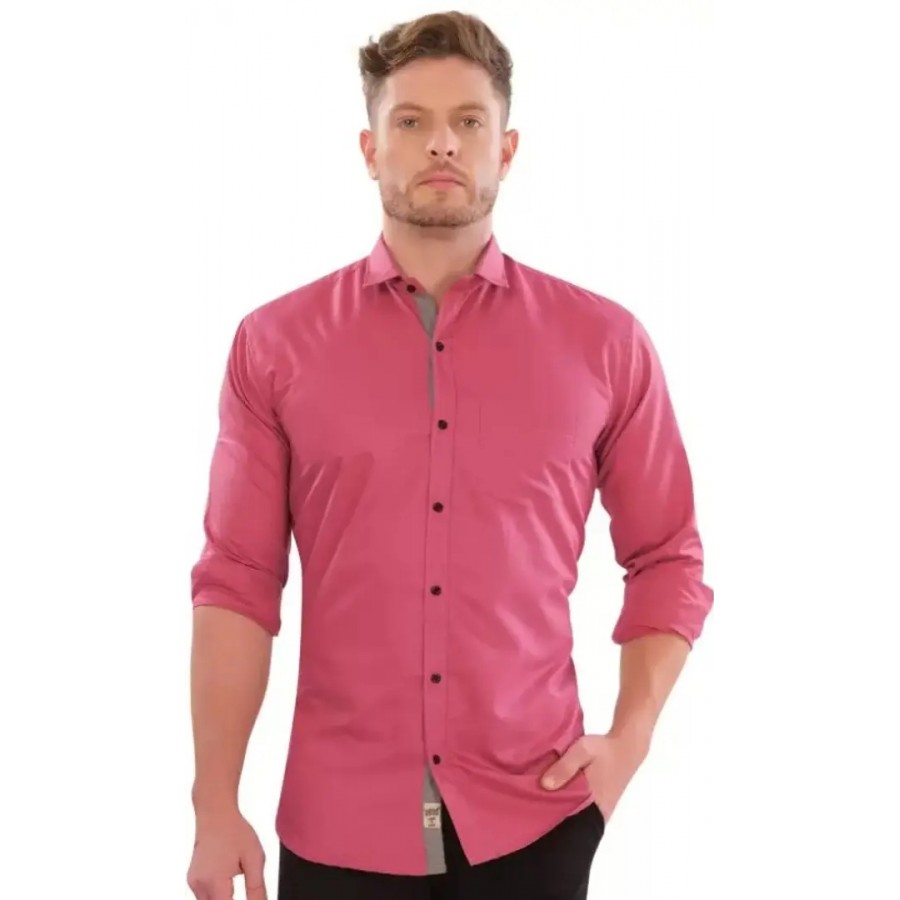 Pink Cotton Solid Casual Shirts For Men