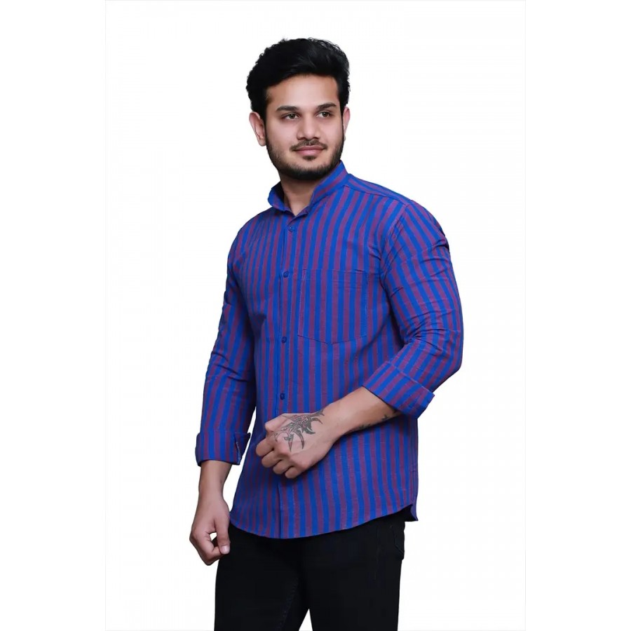 RAI's Men's Full Sleeves Mandarin Collar Striped Khadi Cotton Shirt (40, Purple)