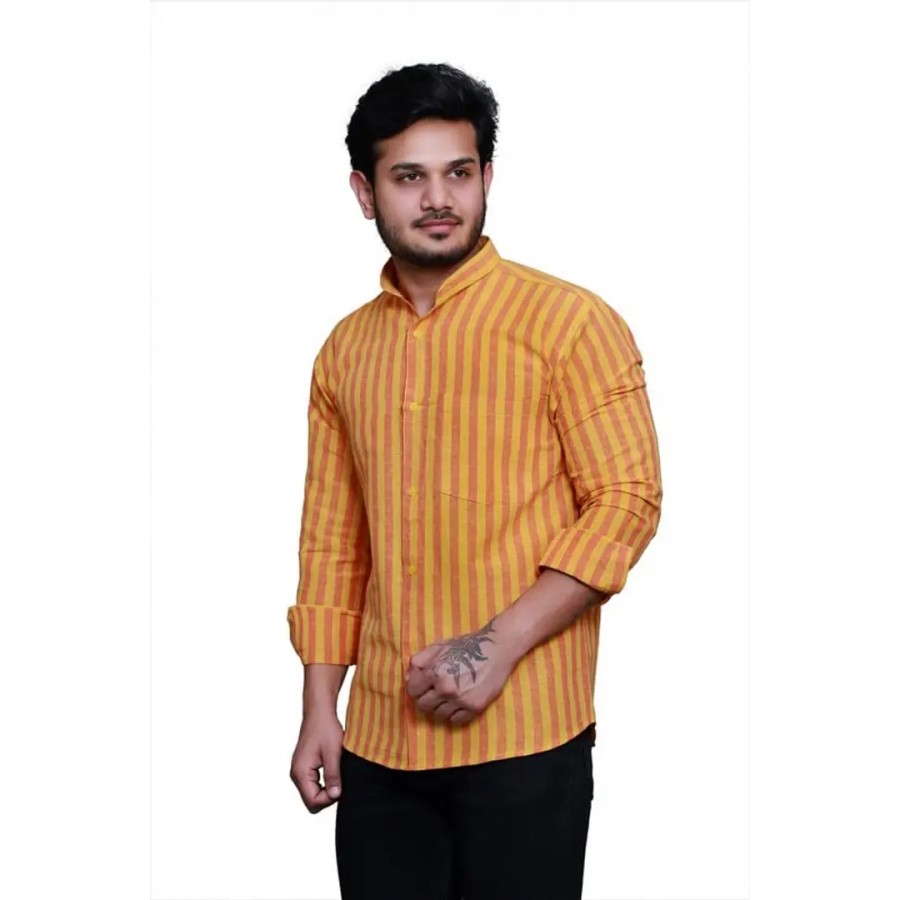 RAI's Men's Full Sleeves Mandarin Collar Striped Khadi Cotton Shirt