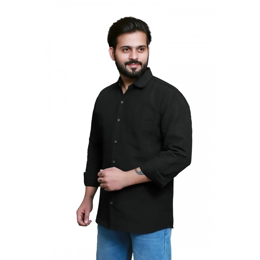 RAI's Men's Regular Fit Full Sleeves Solid Black Khadi Cotton Shirt (44)