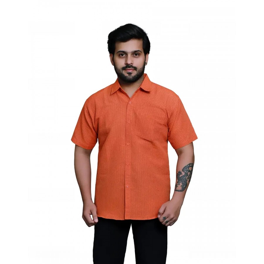 RAI's Men's Regular Fit Half Sleeves Black Lining Khadi Cotton Shirt (44, Orange)