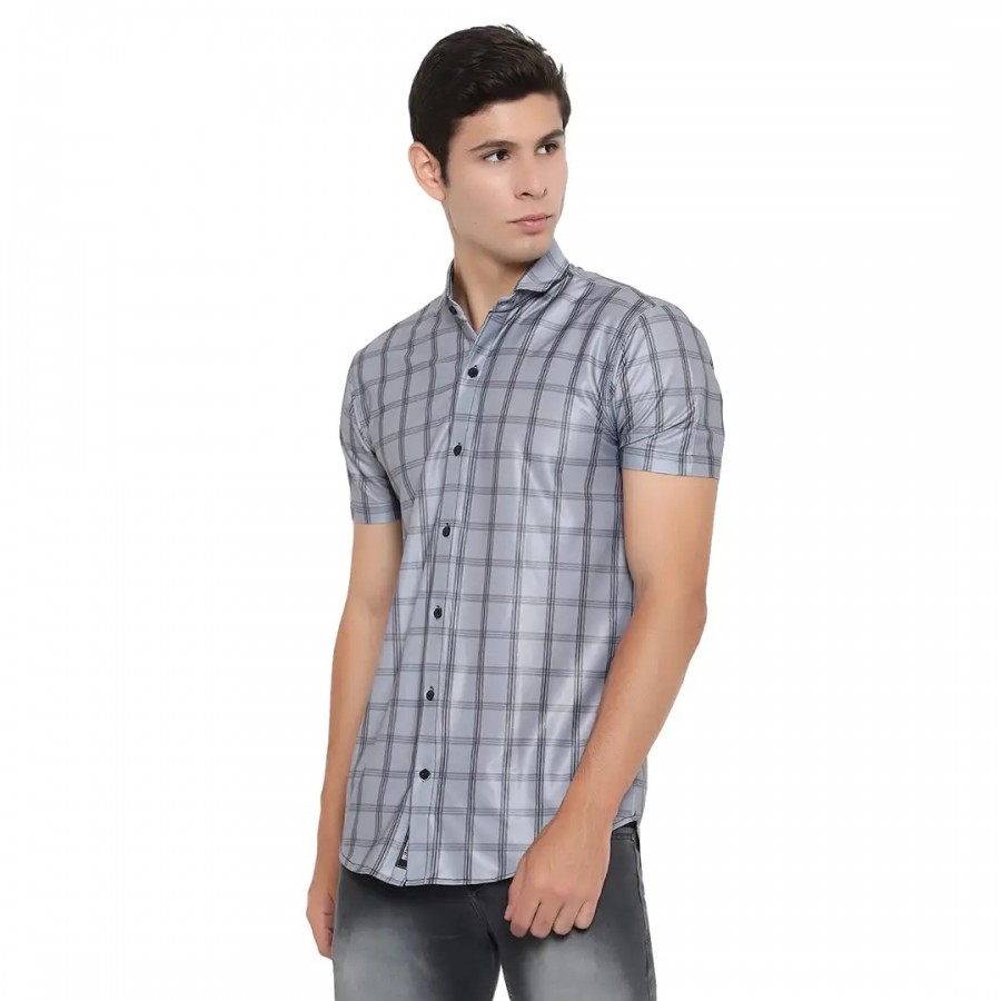 RK HUB Men's Lycra Striped Half Sleeve Casual Spread Collared Shirt (Gray) (L, 1)