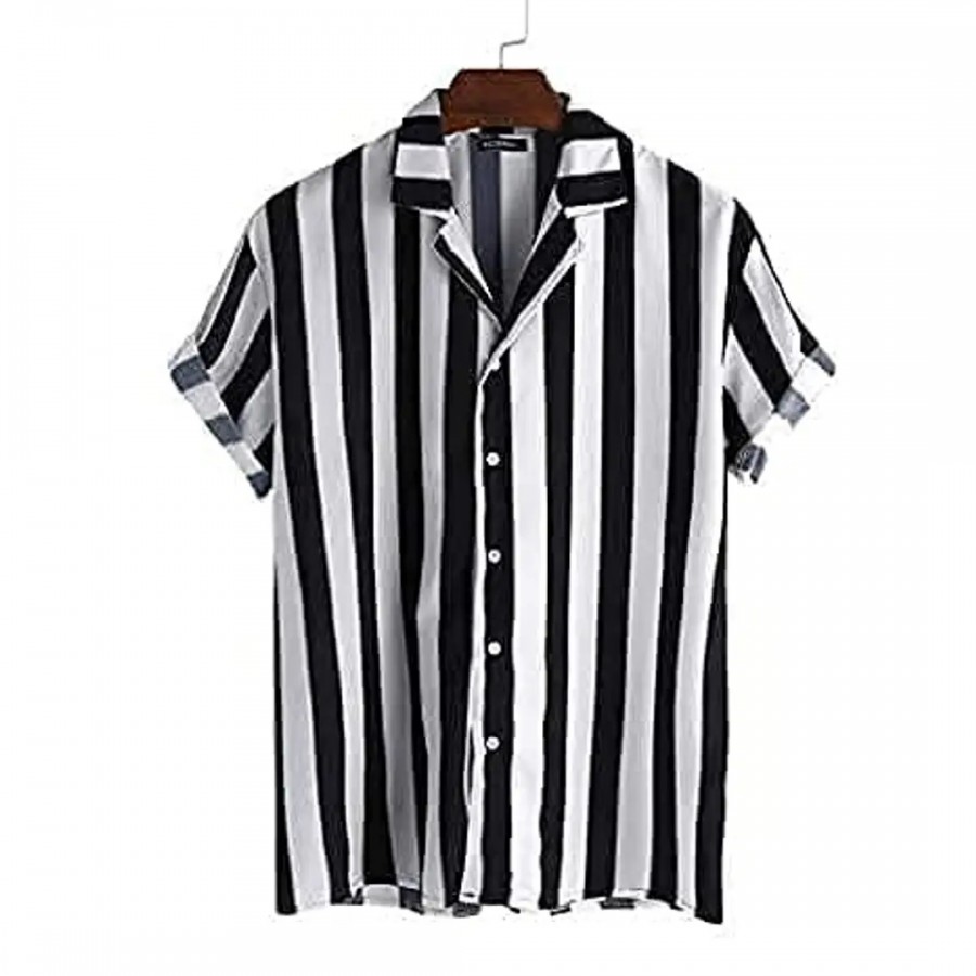 RK HUB Men's Lycra Striped Half Sleeve Casual Spread Collared Shirt (White,Black) (XL, 1)