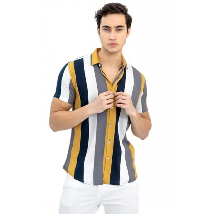 RK HUB Men's Lycra Striped Half Sleeve Casual Spread Collared Shirt (Yellow,Black) (L, 1)