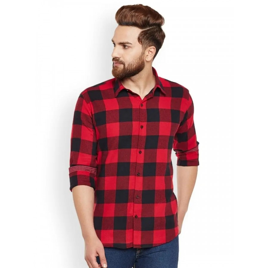 Red Cotton Blend Checkered Casual Shirt For Men