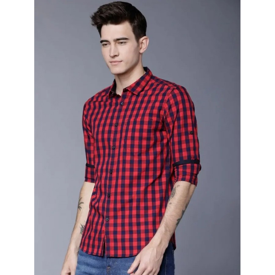 Red Cotton Blend Checkered Casual Shirt For Men