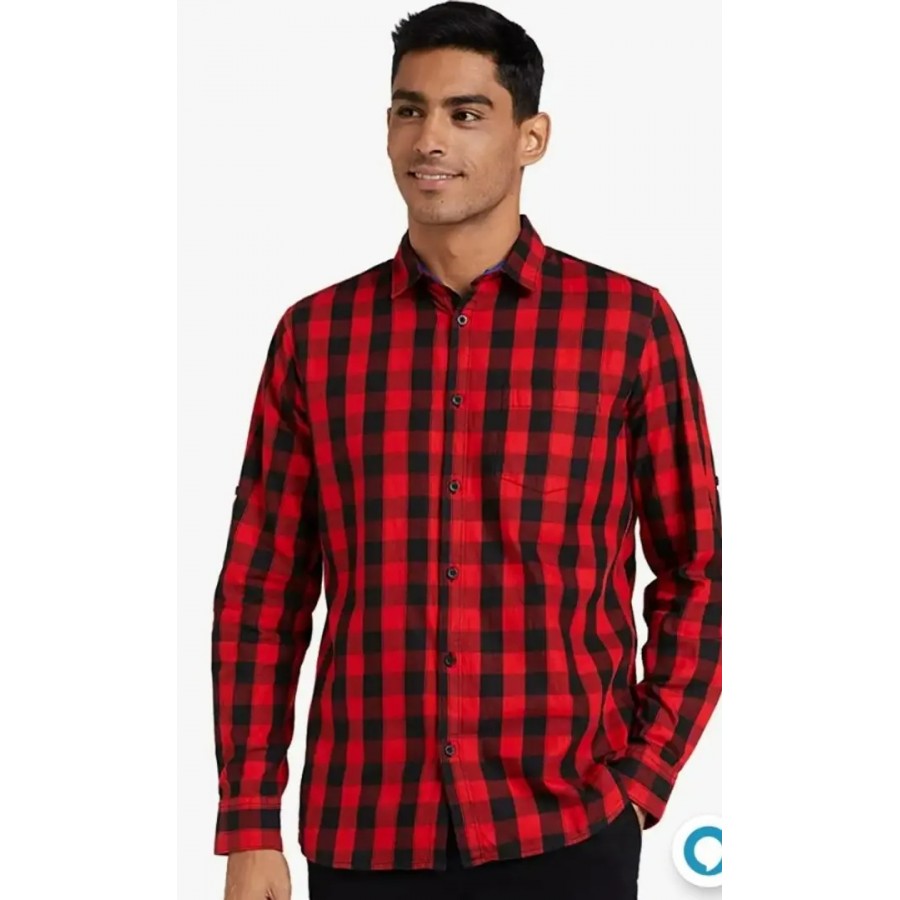 Red Cotton Blend Checkered Casual Shirt For Men