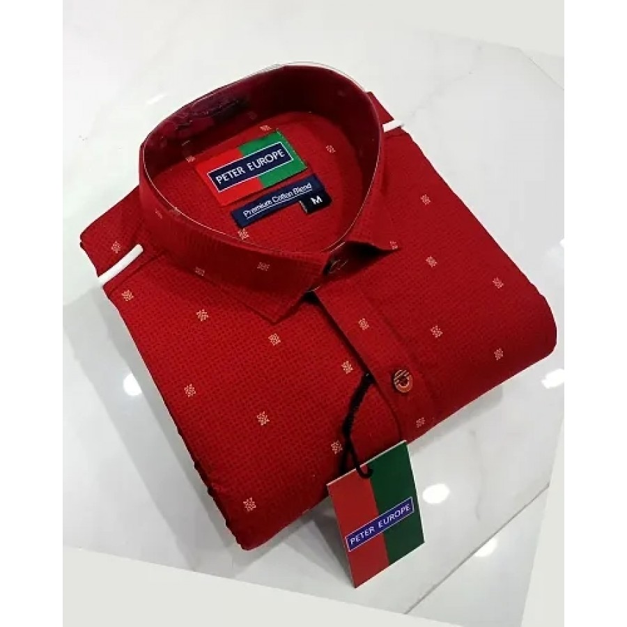 Red Cotton Blend Printed Casual Shirts For Men