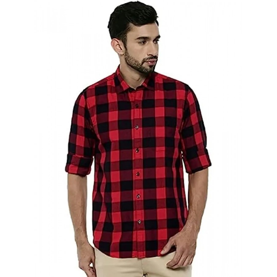 Red Cotton Checkered Full Sleeve Shirt