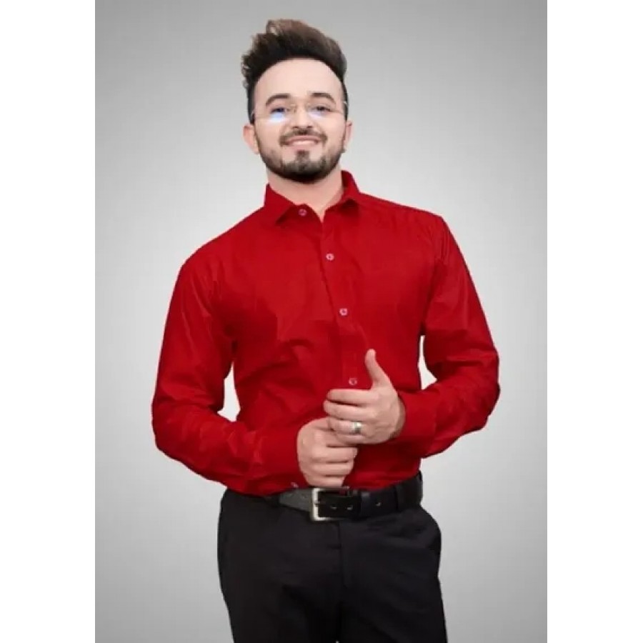 Red Cotton Solid Casual Shirts For Men