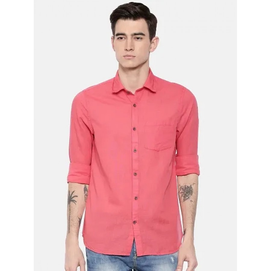 Red Cotton Solid Casual Shirts For Men