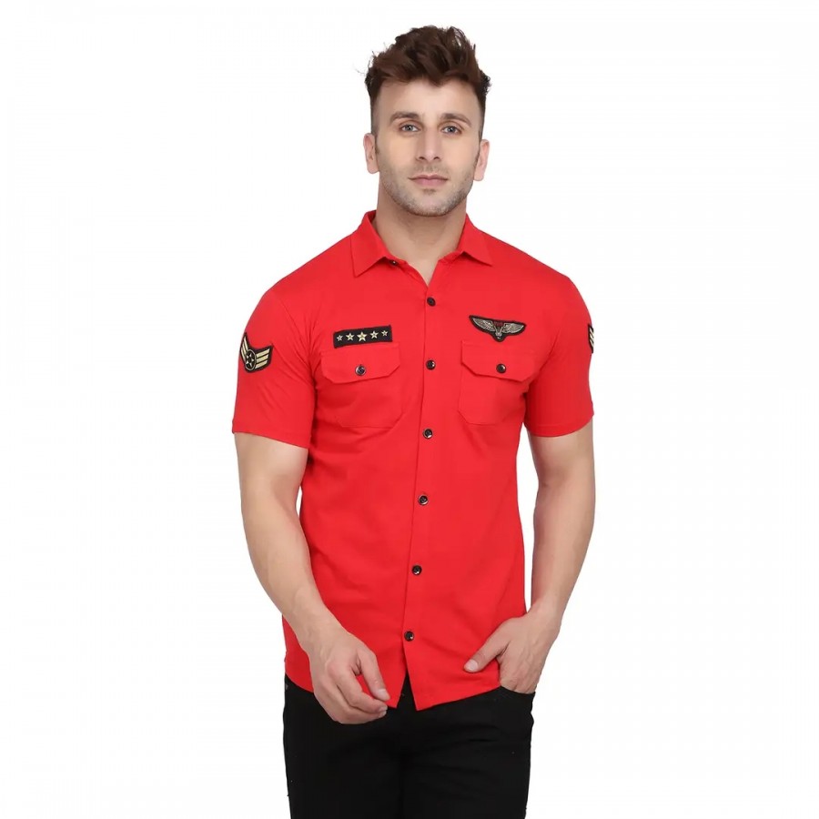 Red Cotton Blend Self Pattern Casual Shirts For Men