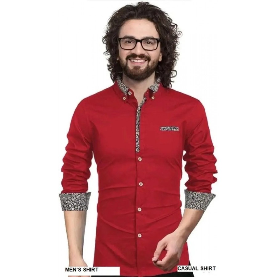 Red Cotton Solid Casual Shirts For Men