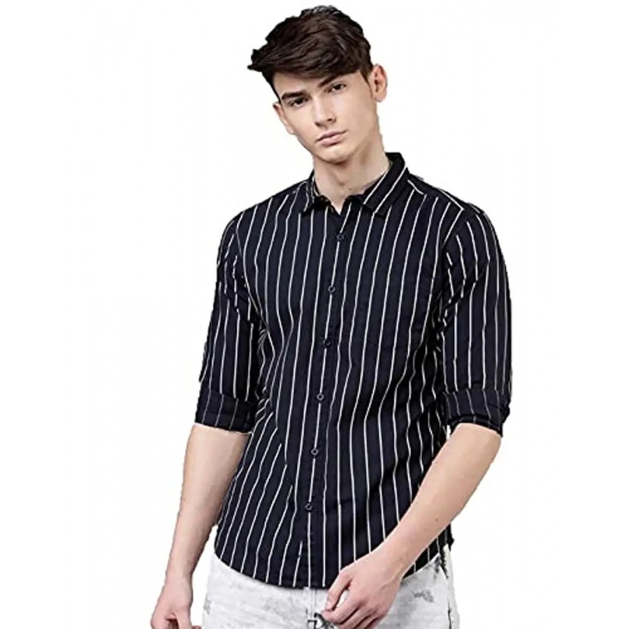 Reliable Black Cotton Striped Long Sleeves Casual Shirts For Men