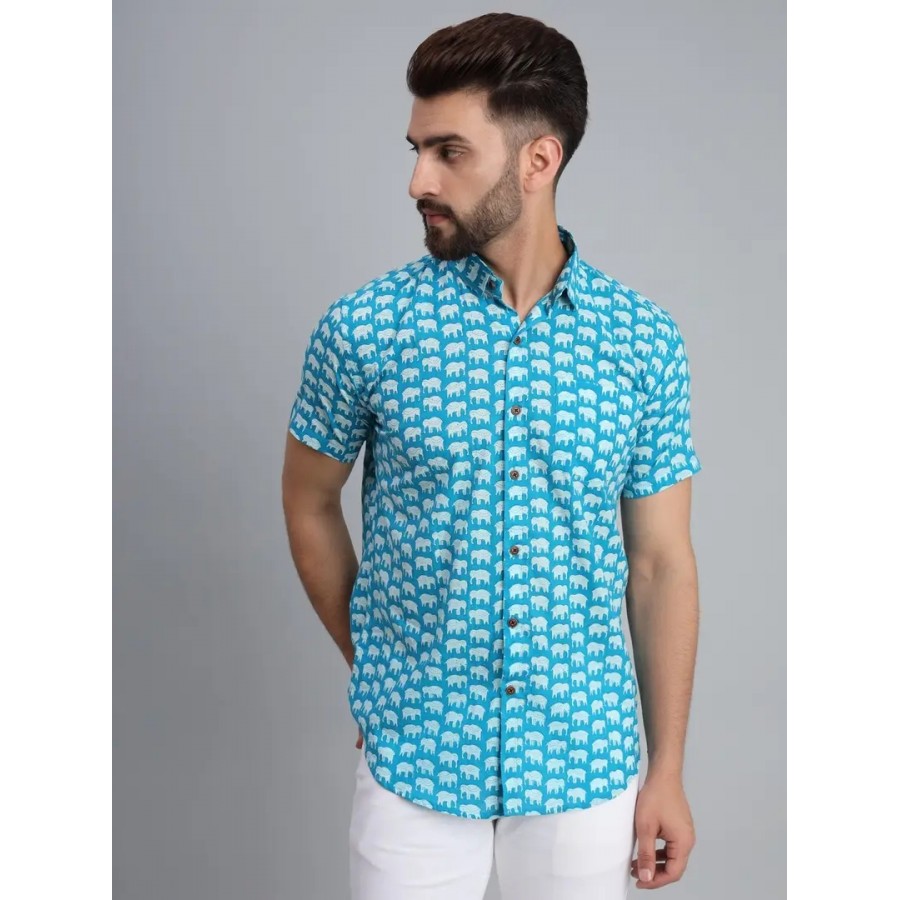 Reliable Blue Cotton Half Sleeves Printed Casual Shirt For Men