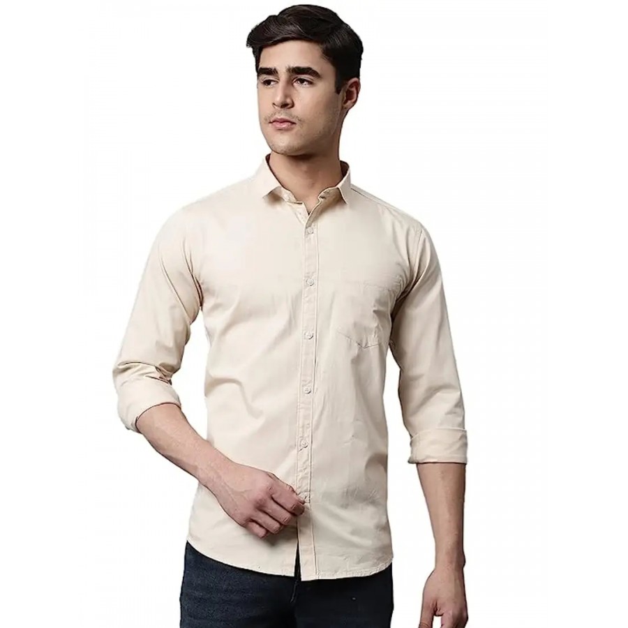 Reliable Cream Cotton Blend Long Sleeves Casual Shirt For Men