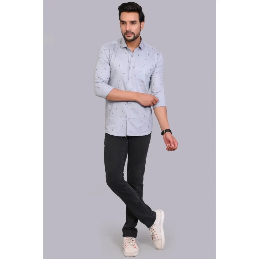 Reliable Grey Cotton Printed Long Sleeves Casual Shirts For Men