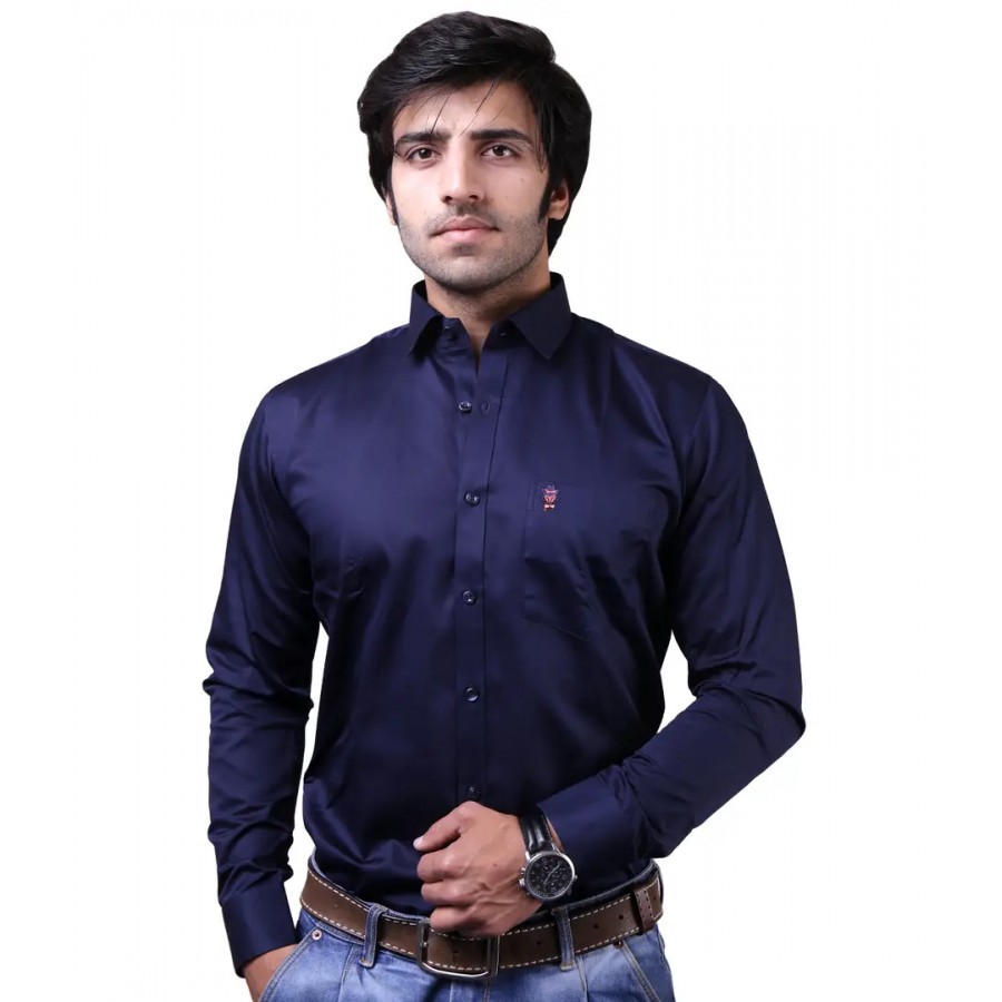 Reliable Navy Blue Cotton Blend Long Sleeves Casual Shirts For Men