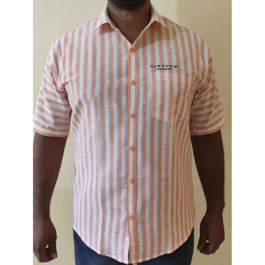 Reliable Peach Cotton Blend Striped Casual Shirts For Men