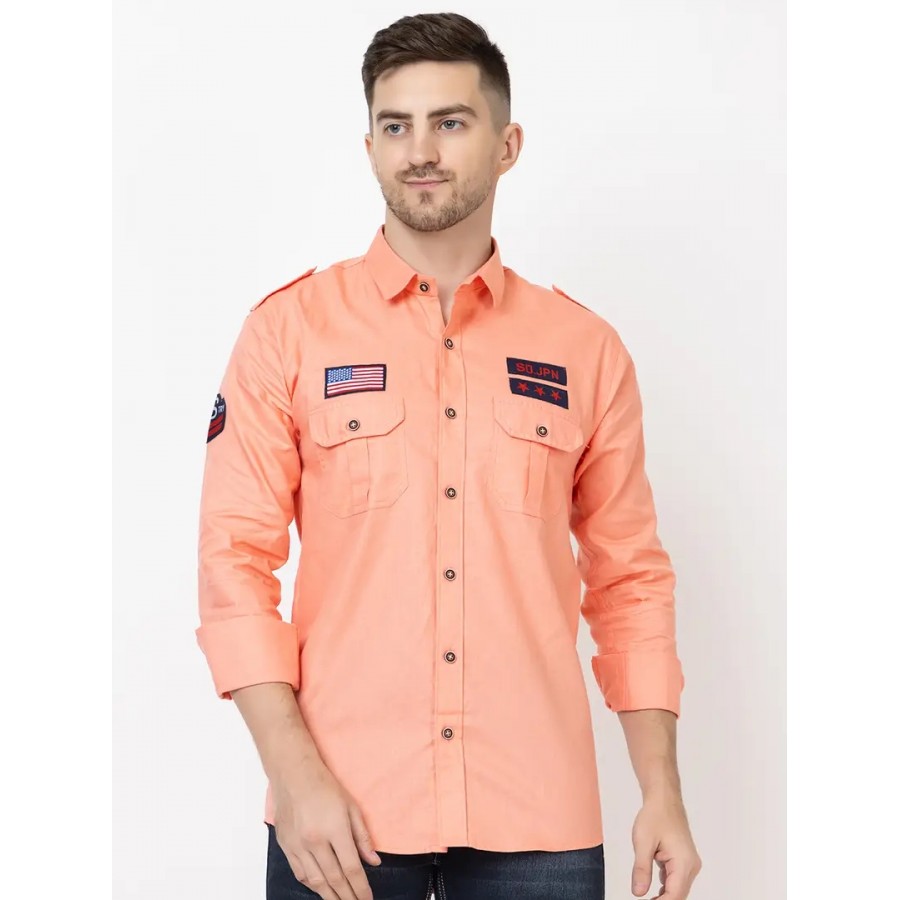 Reliable Peach Cotton Long Sleeves Casual Shirt For Men