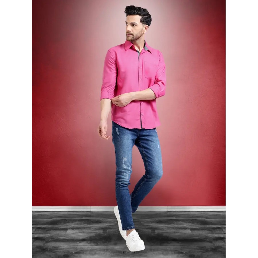 Reliable Pink Cotton Solid Long Sleeve Casual Shirts For Men