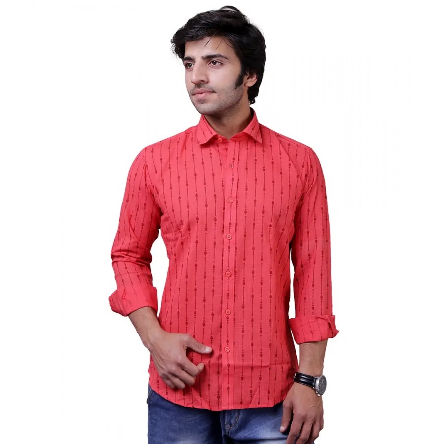 Reliable Red Cotton Blend Long Sleeves Casual Shirts For Men