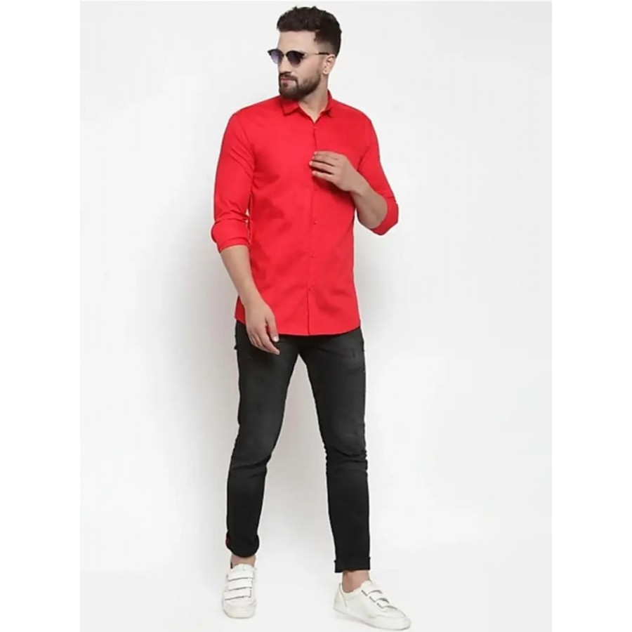 Reliable Red Cotton Solid Long Sleeves Casual Shirt For Men