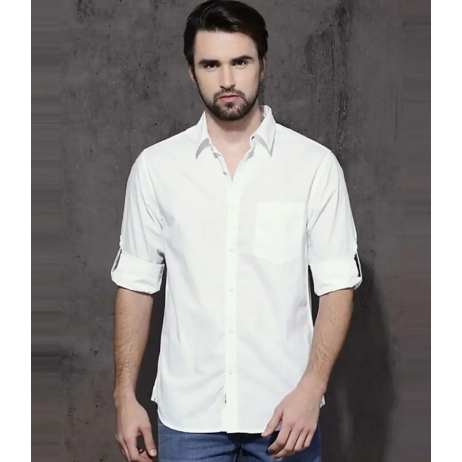 Reliable White Cotton Solid Long Sleeves Casual Shirt For Men