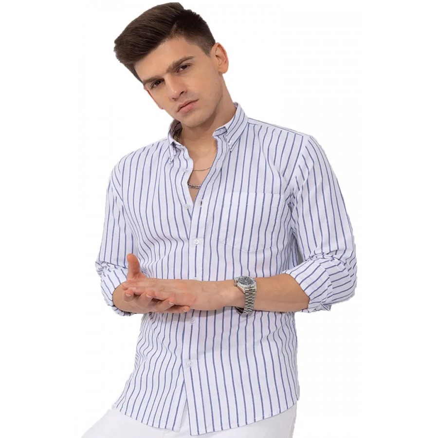 Reliable White Cotton Striped Long Sleeves Casual Shirts For Men