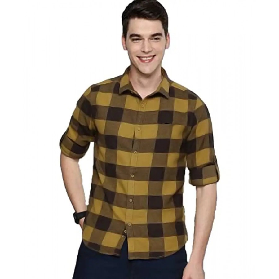 Reliable Yellow Cotton Checked Long Sleeves Casual Shirts For Men