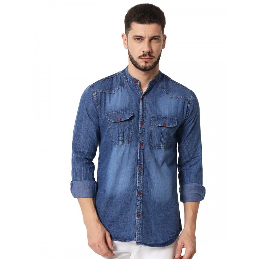 Reliable Acid Blue Denim Silky Long Sleeves Casual Shirts For Men