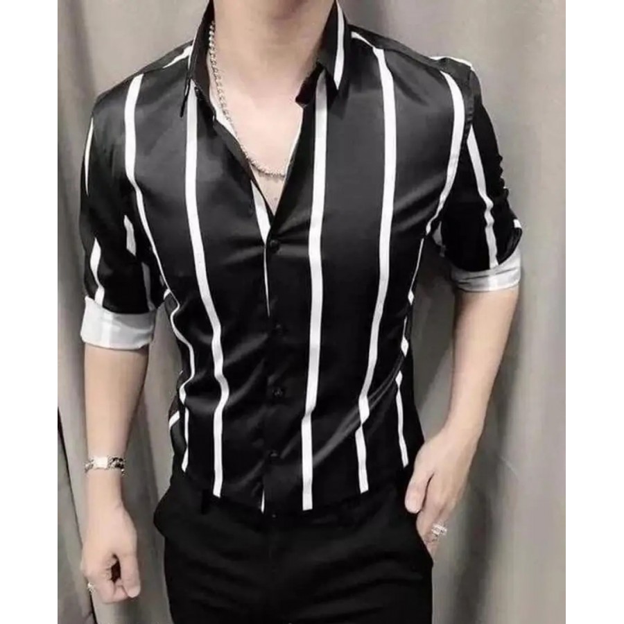 Reliable Black Cotton Striped Long Sleeves Casual Shirts For Men