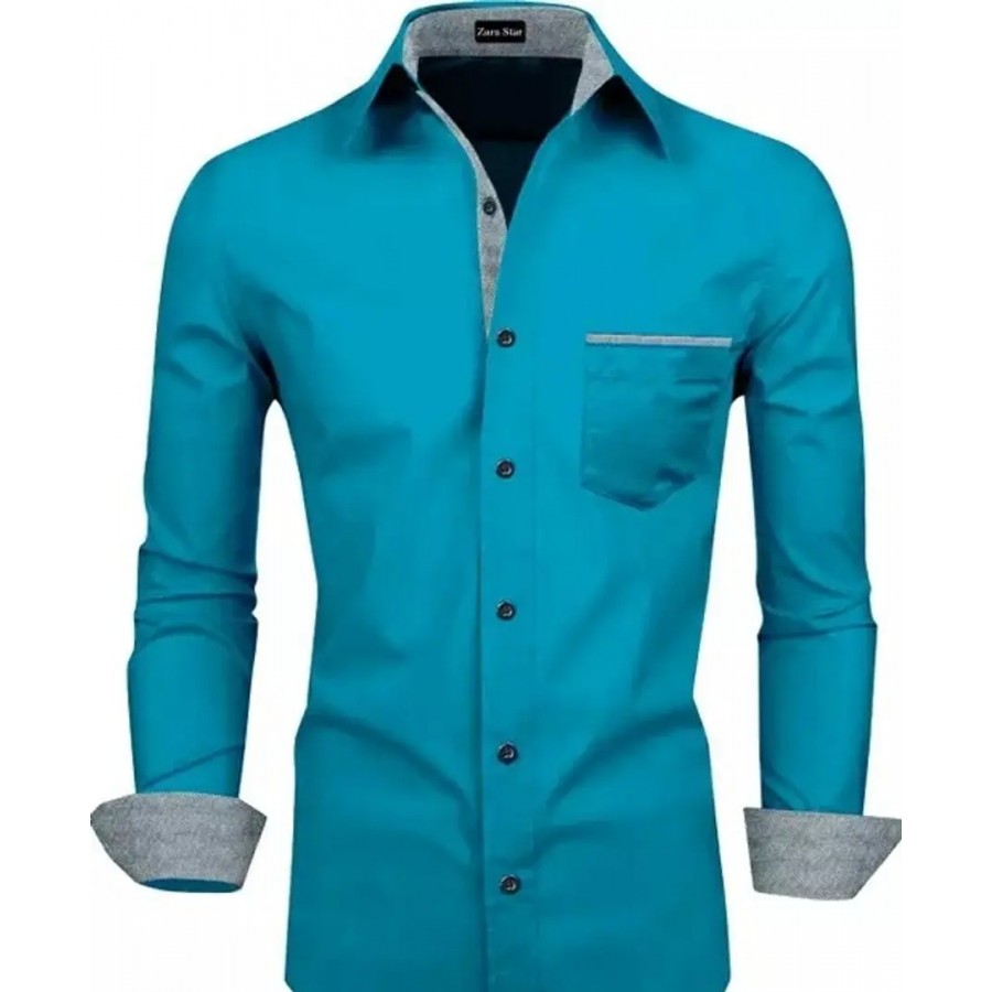 Reliable Blue Cotton Blend Solid Long Sleeves Casual Shirts For Men