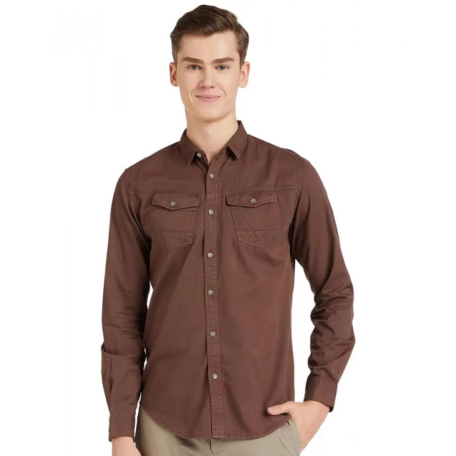 Reliable Brown Cotton Long Sleeves Casual Shirt For Men