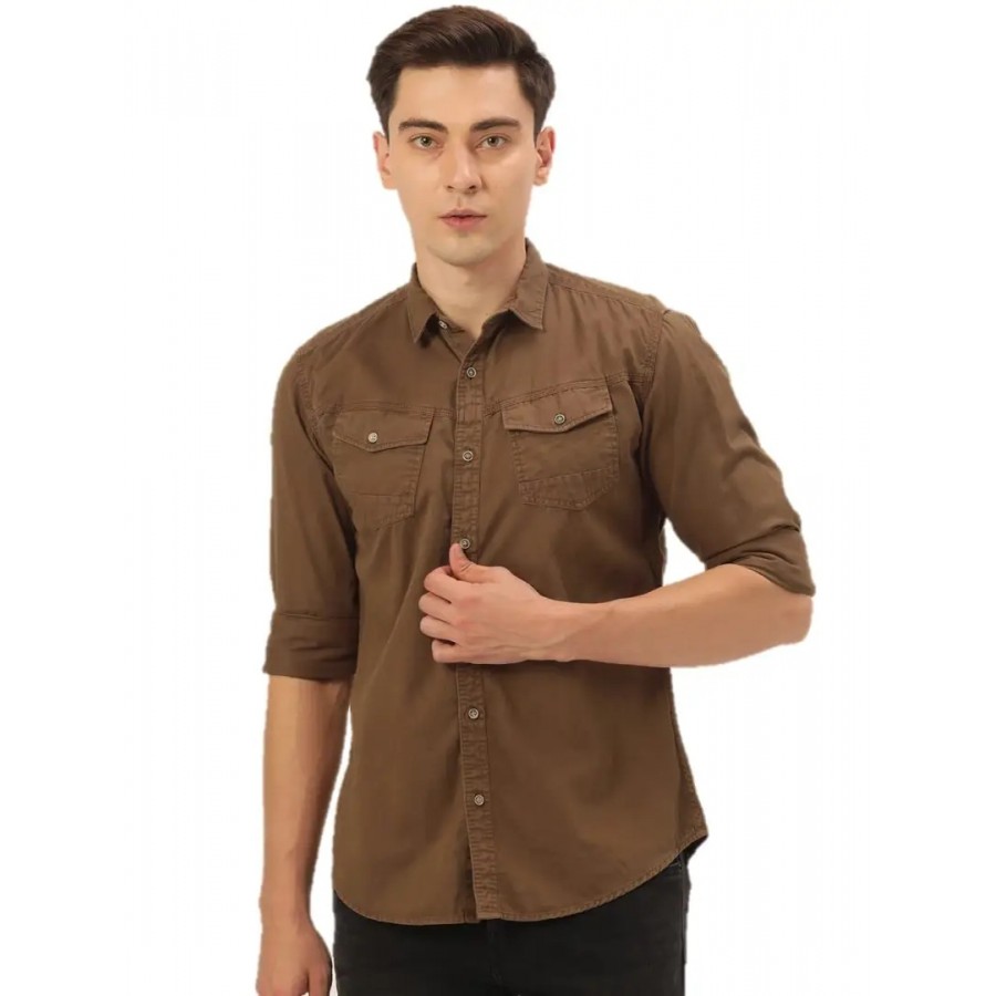 Reliable Brown Cotton Long Sleeves Casual Shirt For Men