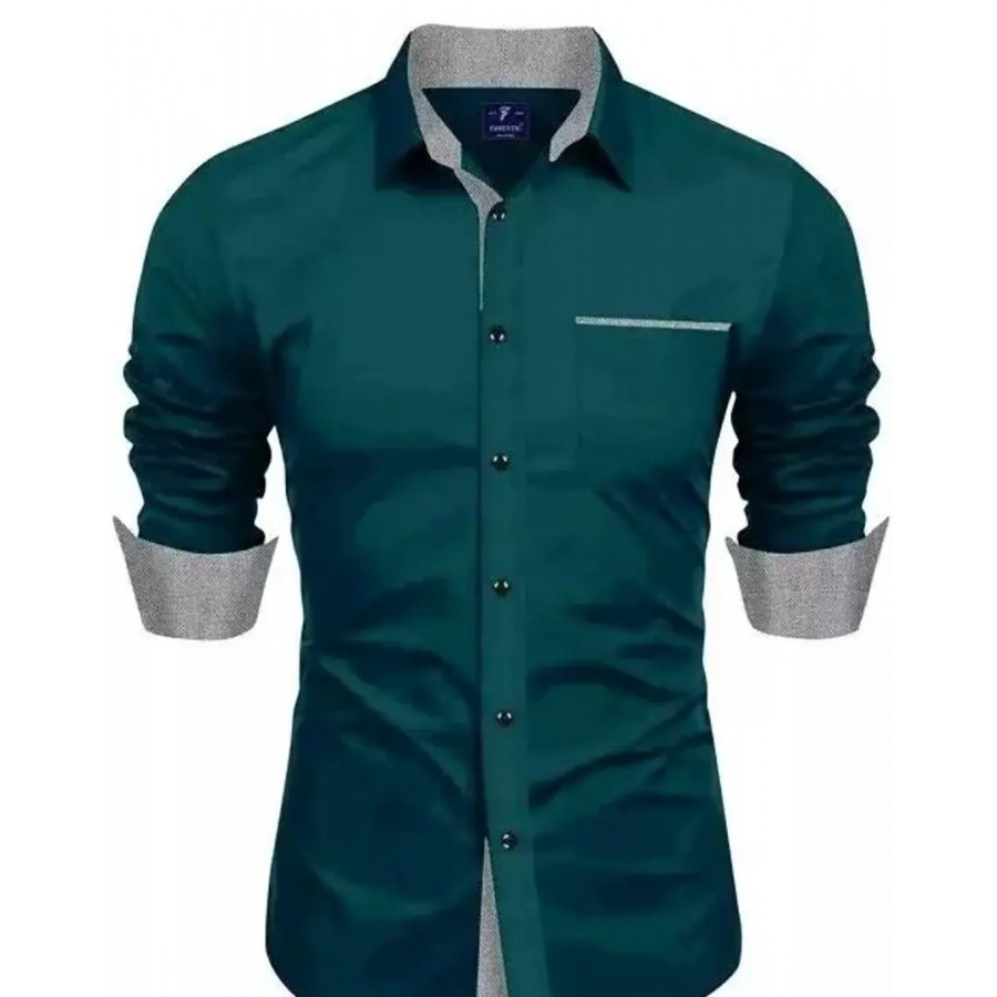 Reliable Dark Green Cotton Blend Solid Long Sleeves Casual Shirts For Men