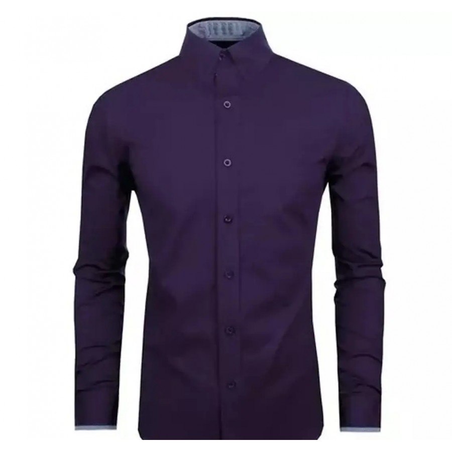 Reliable Dark Purple Cotton Blend Solid Long Sleeves Casual Shirts For Men