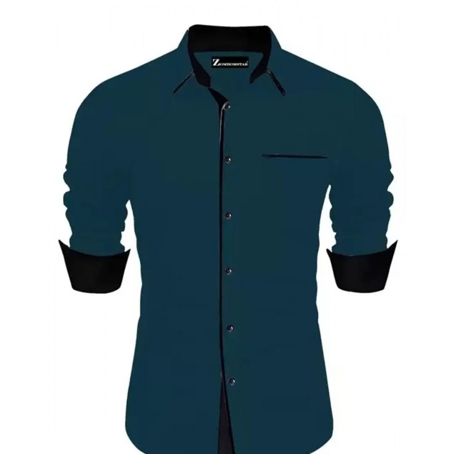 Reliable Firozi Blue Cotton Blend Solid Long Sleeves Casual Shirts For Men