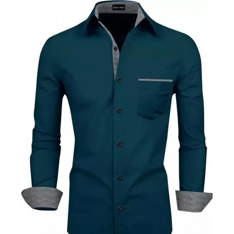 Reliable Firozi Blue Cotton Blend Solid Long Sleeves Casual Shirts For Men