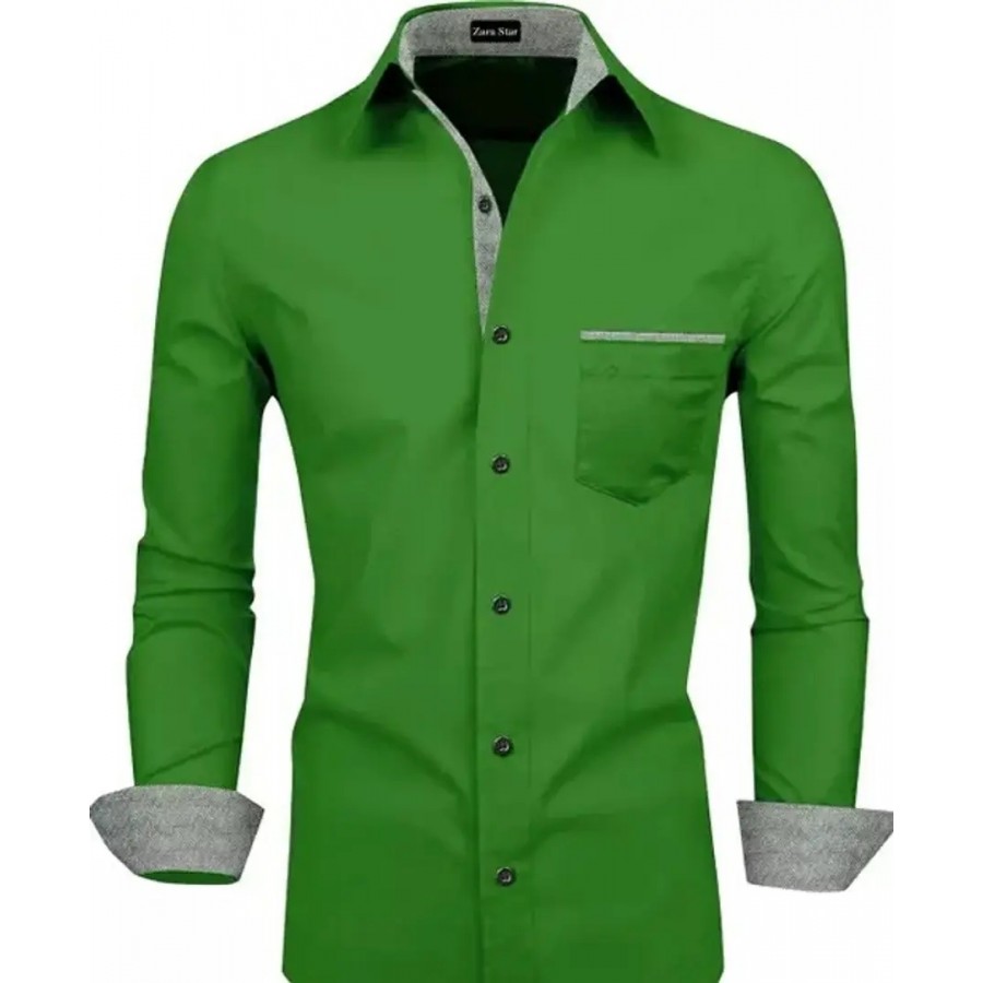 Reliable Green Cotton Blend Solid Long Sleeves Casual Shirts For Men