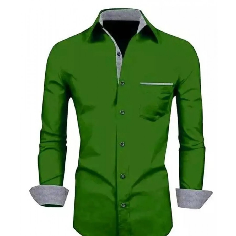 Reliable Green Cotton Blend Solid Long Sleeves Casual Shirts For Men