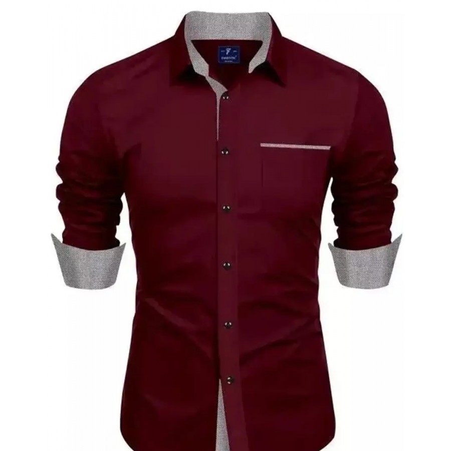 Reliable Maroon Cotton Blend Solid Long Sleeves Casual Shirts For Men