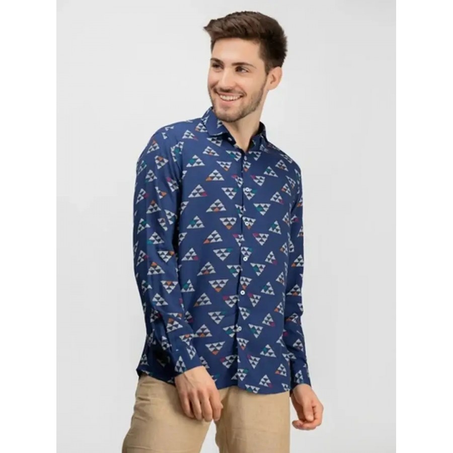 Reliable Navy Blue Cotton Printed Long Sleeves Casual Shirts For Men