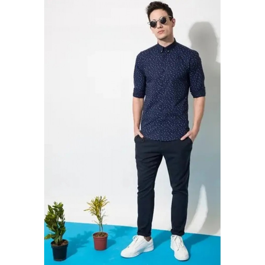 Reliable Navy Blue Cotton Printed Long Sleeves Casual Shirts For Men