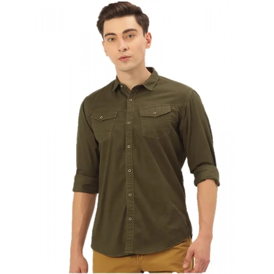 Reliable Olive Cotton Long Sleeves Casual Shirt For Men